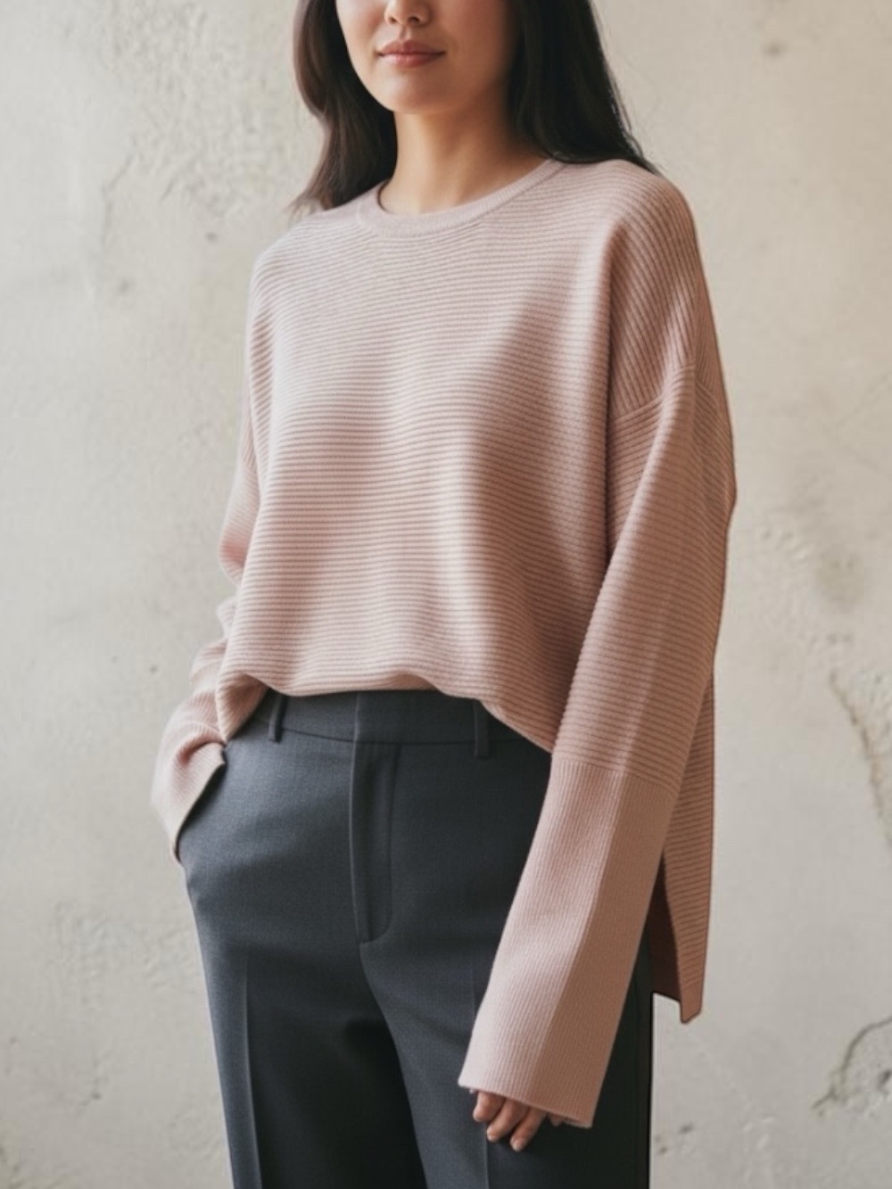 Women's Lightweight Ribbed Crewneck Sweater - cream color